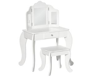 HOMCOM - Tocador infantil con taburete, tocador de escritorio 2 en 1 espejo tríptico y cajón deslizante - tocador de color blanco. 63 x 40 x 85,5 cm, blanco acrílico