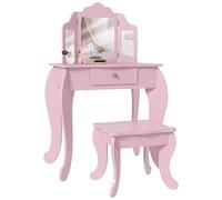 HOMCOM Tocador Infantil con Taburete y Espejo Ajustable, Tocador para Niñas con Cajón, Mesa de Maquillaje para Niños y Niñas de 3-6 Años, Rosa
