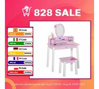 HOMCOM Tocador Infantil con Taburete y Espejo Tipo Princesa Mesita de Maquillaje de Madera Rosa Juguete para Niñas 60x34x93 cm