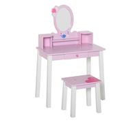 HOMCOM Tocador Infantil con Taburete y Espejo tipo Princesa Mesita de Maquillaje de Madera Rosa Juguete para Niñas 60x34x93 cm