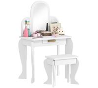 HOMCOM Tocador Infantil con Taburete y Espejo, Tocador para Niñas con Cajón, Mesa de Maquillaje para Niños y Niñas de 3-6 Años, Blanco