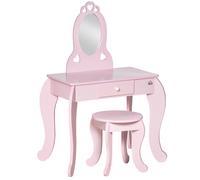 HOMCOM Tocador Infantil de Madera para 3-6 Años con Cajón Taburete a Juego y Espejo Tipo Princesa 60x36x88 cm Rosa Aosom España