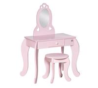 HOMCOM Tocador Infantil Madera Niña con Taburete 3-6 Años 60x36x88cm Rosa | Espejo Tipo Princesa, con Cajón, Mesa de Maquillaje para Dormitorio