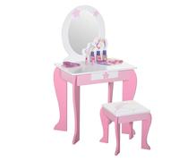 HOMCOM Tocador para niñas con espejo, taburete, mesa de tocador para niños, juguete de juego diseñado con unicornio para niñas de 3 a 6 años, espejo acrílico, rosa y blanco