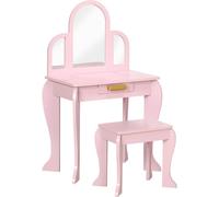 HOMCOM Tocador para Niña con Espejo y Taburete Tocador de Maquillaje para Niña de 3 a 6 Años Tocador Infantil de Madera con Cajón Rosa
