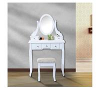 HOMCOM Tocador + Taburete y Espejo Mesa Maquillaje 5 Cajones Blanco Negro Mesa MDF (Blanco) Aosom España