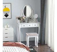 HOMCOM Tocador + Taburete y Espejo Mesa Maquillaje 5 Cajones Mesa MDF Estilo Colonial (Blanco)