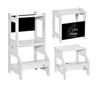 HOMCOM Torre de Aprendizaje 2 en 1 Taburete de Aprendizaje para Niños de +3 Años Convertible en Escritorio con Pizarra y Barra de Seguridad 42x44x86 cm Gris