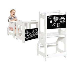 HOMCOM Torre de Aprendizaje 2 en 1 Taburete de Aprendizaje para Niños de +3 Años Convertible en Escritorio con Pizarra y Barra de Seguridad 42x44x86 cm Gris