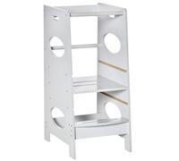 HOMCOM Torre de Aprendizaje de Madera para Niños Taburete de Cocina Infantil con Pedal Altura Ajustable en 3 Posiciones y Barra de Seguridad 40x50x90 cm Gris