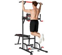 HOMCOM Torre Entrenamiento Energía Power Tower Estación Pull Up Multifuncional Ajustable en Altura con Banco Plegable Barra de Dominadas para Fitness 220x98x181-229 cm Negro