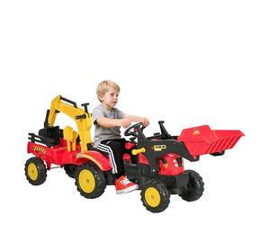 HOMCOM Tractor a Pedales con Remolque Excavador + 3 Años 179x42x59 cm Rojo