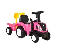 HOMCOM Tractor de Juguete sin Pedales 12-36 Meses Remolque 91x29x44 cm Rosa | Remolque Extraíble, Coche Correpasillos, Bocina, Faros, Pala, Asiento de Suelo 25 cm, Rastrillo, Carga 25 kg