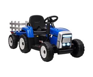 HOMCOM Tractor Eléctrico con Remolque Desmontable Coche Eléctrico para Niños 3-6 Años con Control Remoto Música MP3 Pantalla Luces y Cinturón de Seguridad 136,5x50x52,5 cm Azul