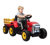 HOMCOM Tractor Eléctrico para Niños con Remolque Desmontable Rojo | 3-6 Años, Control Remoto, Música MP3, Pantalla, Luces, Cinturón de Seguridad, 136,5x50x52,5 cm
