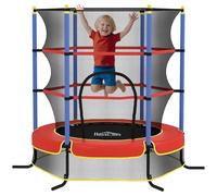 HOMCOM - Trampolín infantil (diámetro 1,75 × 1,90 H m red de seguridad puerta con cremallera cubre resortes 6 postes acolchados incluidos, color negro, rojo y azul
