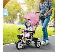HOMCOM Triciclo 6 en 1 con Barra de Empuje, Triciclo Infantil con cinturón de Seguridad, Plegable, Capota Parasol extraíble, portavasos, Cesta, Pedal, hasta 25 kg, para niños de 1 a 5 años, Rosa