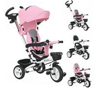 HOMCOM Triciclo 6 en 1 para niños pequeños, triciclo plegable con asa para padres, asiento reversible, cesta de almacenamiento, toldo, arnés de seguridad de 5 puntos, para niños de 1 a 5 años, rosa