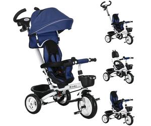 HOMCOM Triciclo para Bebés Plegable Triciclo Evolutivo 2 en 1 para Niños de 12-60 Meses con Toldo Plegable Mango de Empuje Telescópico Reposapiés Cinturón de Seguridad y Cestas Azul