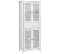 HOMCOM Vitrina Alacena de Cocina con 4 Puertas de Vidrio Templado Cajón Estantes Ajustables 74x35,5x181,5 cm Blanco Espaciosa Aosom España