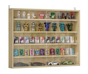 HOMCOM Vitrina Expositora para Colecciones 80x9,5x60 cm Roble | Vitrina de Pared, Estantes Ajustables, 2 Puertas Correderas de Vidrio, para Perfumes, Figuras de Decoración