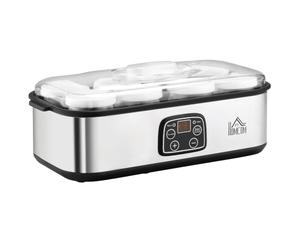 HOMCOM Yogurtera 25W Capacidad 1,44L con 8 Tarros de Cristal 180 ml Plata | Termostato Ajustable, Temporizador de 1-48 Horas, Apagado Automático, 36x18,8x14 cm