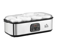 HOMCOM Yogurtera 25W Capacidad 1,44L con 8 Tarros de Cristal de 180 ml Termostato Ajustable Temporizador de 1-48 Horas y Apagado Automático 36x18,8x14 cm Plata