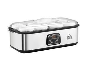 HOMCOM Yogurtera 30W Capacidad 1,44L con 8 Tarros de Cristal de 180 ml Termostato Temporizador 1-48 Horas y Apagado Automático Plata Aosom España