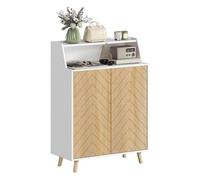 Homcom zapatero de 2 puertas en espiga, zapatero entrada recibidor con estantes ajustables, compartimento abierto y patas de madera, para 15 pares de zapatos, 75x35x104 cm, blanco y natural