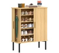 HOMCOM Zapatero de 5 Niveles con Puertas Correderas de Lamas Roble | Mueble Zapatero, 4 Estantes Ajustables, 2 Compartimentos Laterales, Patas de Acero, para 15 Pares de Zapatos, 78x38x95,2 cm