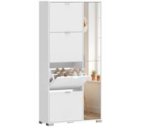 HOMCOM Zapatero Estrecho 16 Pares 82x30x168 cm Blanco | 4 cajones abatibles, 2 puertas con espejo, estantes ajustables, estilo moderno, para pasillo, entrada.