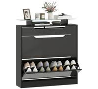 HOMCOM Zapatero Estrecho 2 Puertas abatibles Cubierta Vidrio Negro | Armario para zapatos, cajón deslizante, estantes ajustables, recibidor entrada, 16 pares, cubierta de vidrio templado