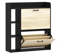 HOMCOM Zapatero Estrecho 2 Puertas, Zapatero Entrada Recibidor con 3 Estantes Laterales y Estantes Ajustables, para 15 Pares de Zapatos, para Pasillo, Espacio Reducido, 83x24x90,5 cm, Natural y Negro