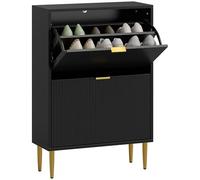 HOMCOM Zapatero estrecho con 2 cajones abatibles, moderno y delgado gabinete de almacenamiento de zapatos con puertas estriadas y estantes ajustables para pasillo, capacidad para 12 pares, color negro