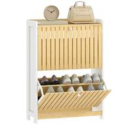 HOMCOM Zapatero Estrecho con 2 Puertas de Bambú con Listones Zapatero Entrada Recibidor con Estantes Ajustables para 12 Pares de Zapatos 60x24x82,5 cm Blanco y Natural