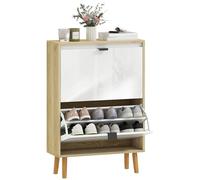 HOMCOM Zapatero Estrecho con 2 Puertas en Blanco Brillo, Zapatero Entrada Recibidor con Estantes Ajustables Patas de Madera, para 12 Pares de Zapatos, 60x24x91 cm Blanco