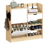 HOMCOM Zapatero Estrecho con 2 Puertas, Zapatero Entrada Recibidor con Estantes Ajustables, Cajón, Estantes Abiertos, 4 Ganchos, para 14 Pares de Zapatos, 93x30x90 cm, Natural y Blanco