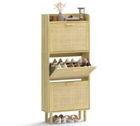 HOMCOM Zapatero Estrecho con 3 Cajones Abatibles, Zapatero de Recibidor Entrada con Estante Abierto, Patas de Madera, para 12-18 Pares de Zapatos, 65x24,5x153 cm, Roble