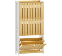 HOMCOM Zapatero Estrecho con 3 Puertas de Bambú con Listones Estantes Ajustables para 18 Pares de Zapatos Blanco y Natural