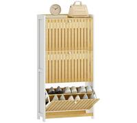 HOMCOM Zapatero Estrecho con 3 Puertas de Bambú con Listones Zapatero Entrada Recibidor con Estantes Ajustables para 18 Pares de Zapatos 60x24x118 cm Blanco y Natural