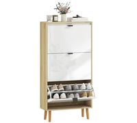 HOMCOM Zapatero Estrecho con 3 Puertas en Blanco Brillo, Zapatero Entrada Recibidor con Estantes Ajustables Patas de Madera, para 18 Pares de Zapatos, 60x24x127 cm Blanco