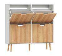 HOMCOM Zapatero Estrecho con 4 Cajones Abatibles, Zapatero Entrada Recibidor con Patas de Madera y Estantes Ajustables, para 16 Pares de Zapatos, para Pasillo, 95x26x95 cm, Natural y Blanco