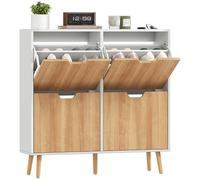 HOMCOM Zapatero Estrecho con 4 Cajones Abatibles, Zapatero Entrada Recibidor con Patas de Madera y Estantes Ajustables, para 16 Pares de Zapatos, para Pasillo, 95x26x95 cm, Natural y Blanco