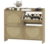 HOMCOM Zapatero Estrecho con 4 Puertas Abatibles de Ratán Natural | Encimera, Estantes Regulables, para 16 Pares de Zapatos, para Espacios Pequeños, Entrada Recibidor, 104,5x24x88 cm
