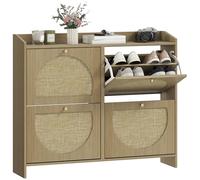 HOMCOM Zapatero Estrecho con 4 Puertas de Ratán para Entrada Recibidor, Zapatero con Estantes Regulables para 16 Pares de Zapatos, Ideal para Espacios Pequeños, 104,5x24x88 cm, Natural