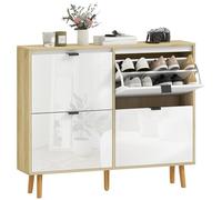HOMCOM Zapatero Estrecho con 4 Puertas en Blanco Brillo, Zapatero Entrada Recibidor con Estantes Ajustables Patas de Madera, para 20 Pares de Zapatos, 105x24x92,5 cm Blanco