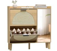 HOMCOM Zapatero Estrecho con Espejo, 2 Puertas de Ratán y Armario, Roble | Zapatero Entrada Recibidor Bohemio, 10 Pares, Estantes Ajustables, Patas de Bambú, Pasillo, Salón, 94,5x24x96,5 cm