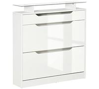 HOMCOM Zapatero Estrecho de 2 Puertas Abatibles para 16 Pares Blanco | Mueble Zapatero, Cajón, Estante Abierto, Encimera de Vidrio, para Pasillo Entrada, 89x23x96 cm