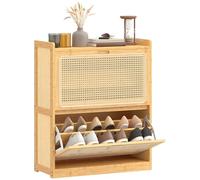 HOMCOM Zapatero Estrecho de Bambú con 2 Cajones Abatibles de Ratán, Mueble Zapatero Bohemio con Estantes Ajustables, para 12-14 Pares de Zapatos, para Pasillos, Entradas, 69x29x83 cm, Natural