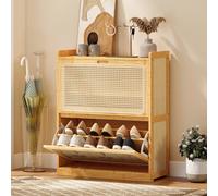 HOMCOM Zapatero Estrecho de Bambú con 2 Cajones Abatibles de Ratán, Mueble Zapatero Bohemio con Estantes Ajustables, para 12-14 Pares de Zapatos, para Pasillos, Entradas, 69x29x83 cm, Natural Madera N